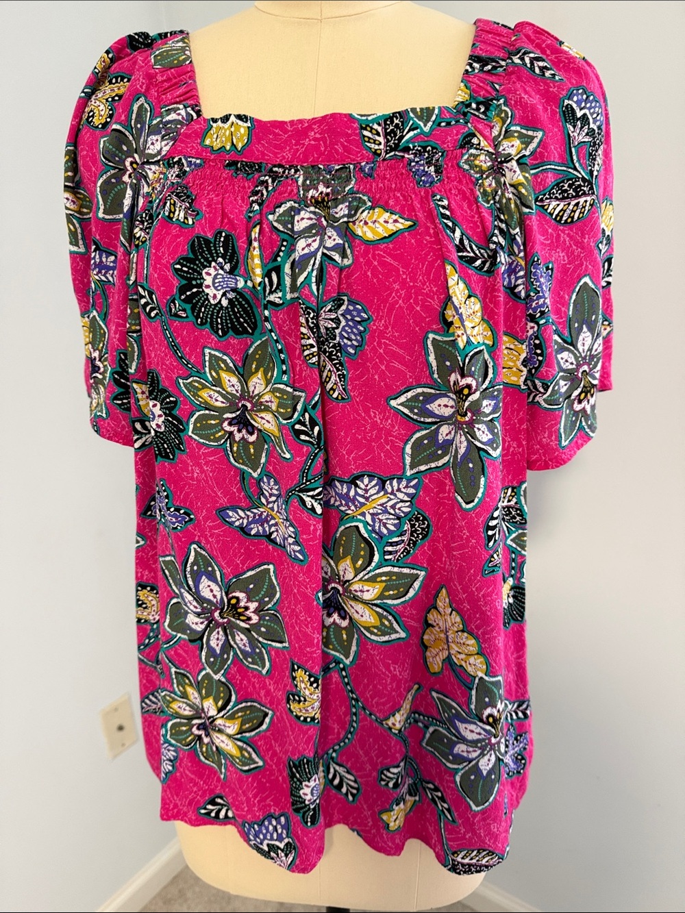 LOFT Pink Floral Hibiscus Square-Neck Flutter Sleeve Blouse SZM